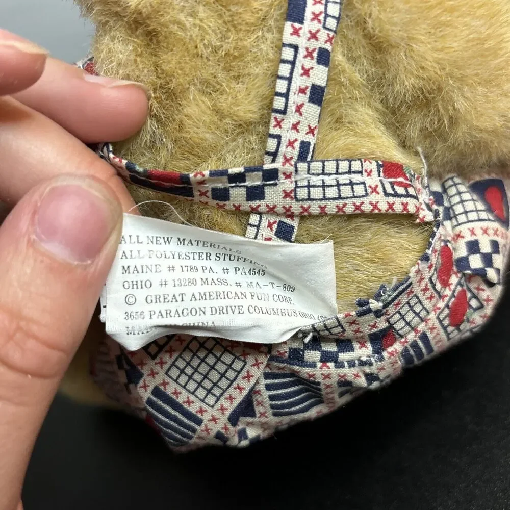 GREAT AMERICAN FUN CORP JOINTED ARMS TEDDY BEAR PLUSH VINTAGE APPLE OVERALLS